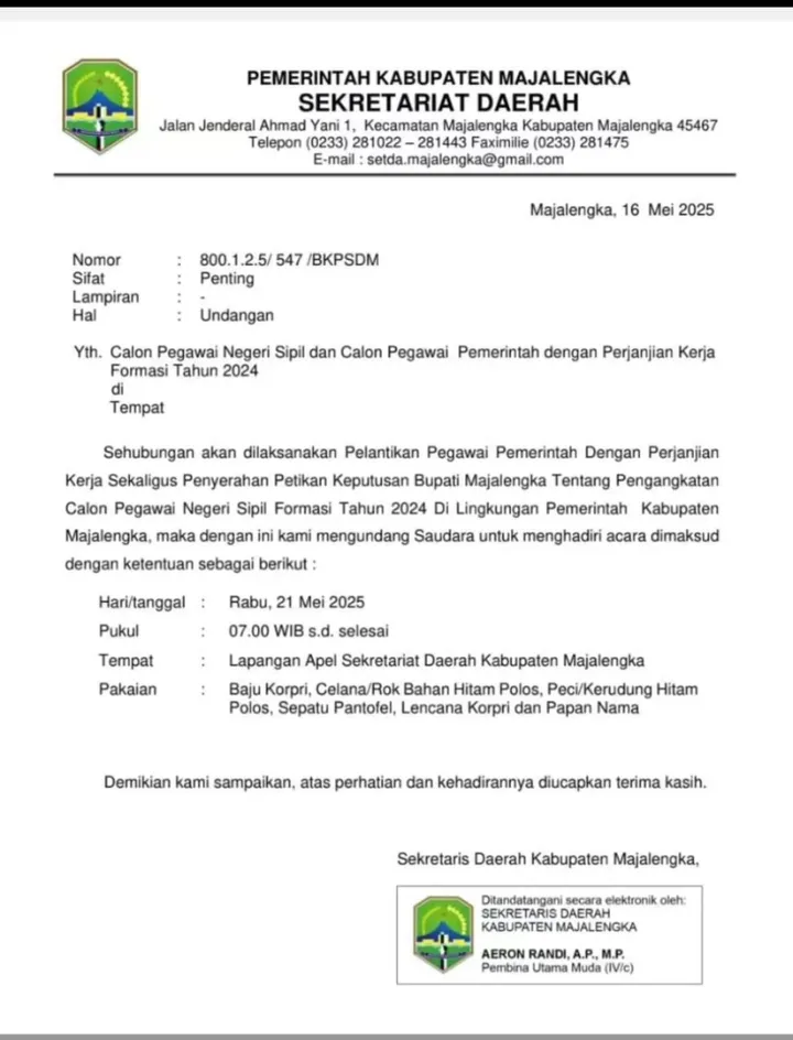 CPNS PPPK Majalengka 2024 Dilantik: 852 Peserta Resmi Diundang